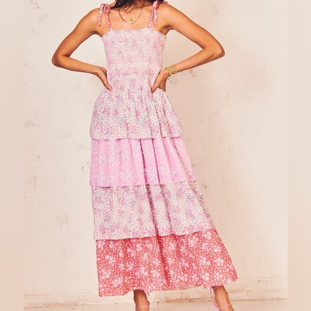 LoveShackFancy Smocked Floral Tiered Maxi Dress with Tie Straps - M
